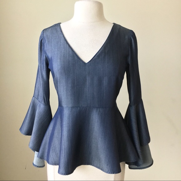 White House Black Market Tops - denim chambray bell sleeves empire blouse top